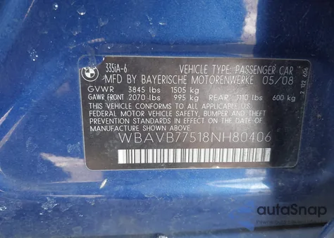 2008 BMW 335I z USA, uszkodzony, nr VIN WBAVB77518NH80406